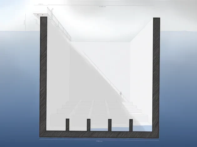 Drawing of building, section interior