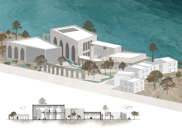 Rendered image from the students project, houses on shoreline