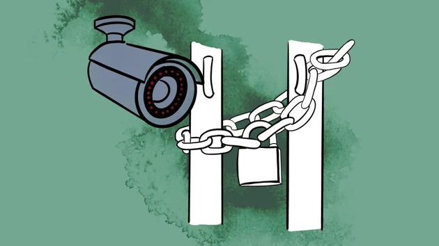 Illustration of a security camera and a door locked with a chain and padlock.