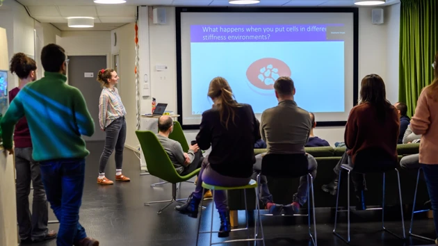 En grupp människor som står framför en projektorskärm
